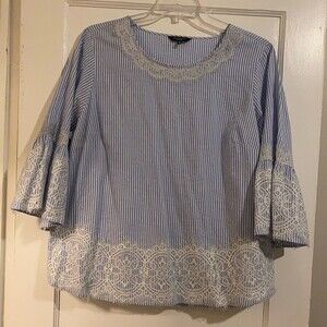 Hannah Plus Size Striped Lace Flare Bell Shaped Sleeves Blouse Top